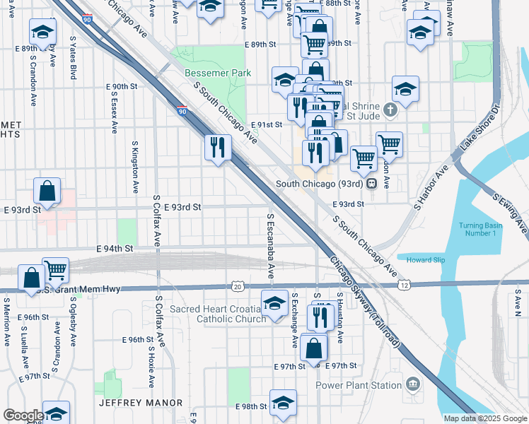 map of restaurants, bars, coffee shops, grocery stores, and more near 9327 South Muskegon Avenue in Chicago