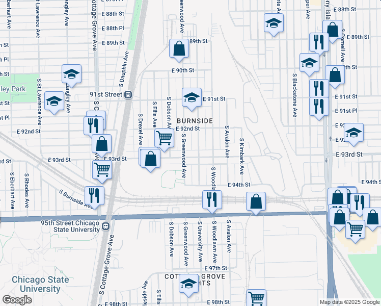 map of restaurants, bars, coffee shops, grocery stores, and more near 1107 East 93rd Street in Chicago