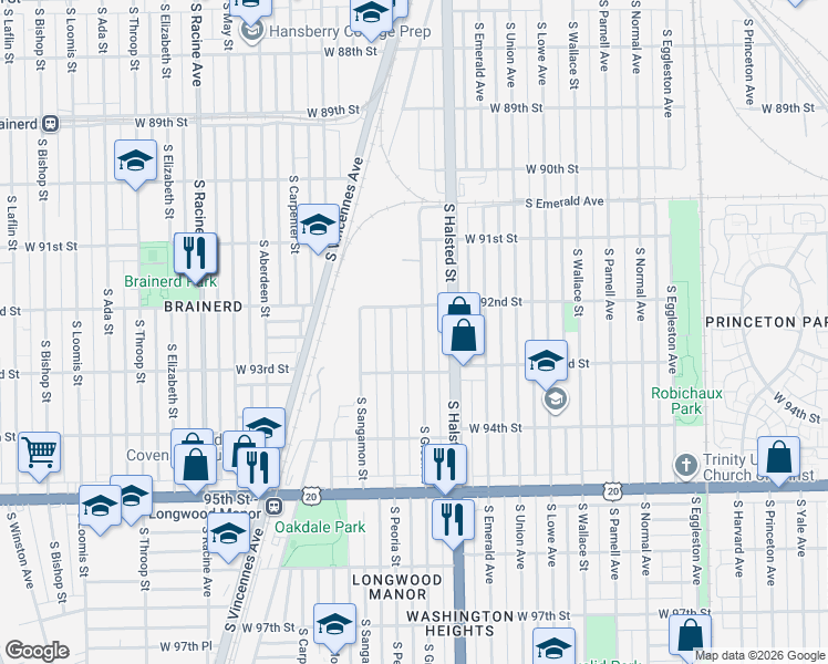 map of restaurants, bars, coffee shops, grocery stores, and more near 9244 South Green Street in Chicago