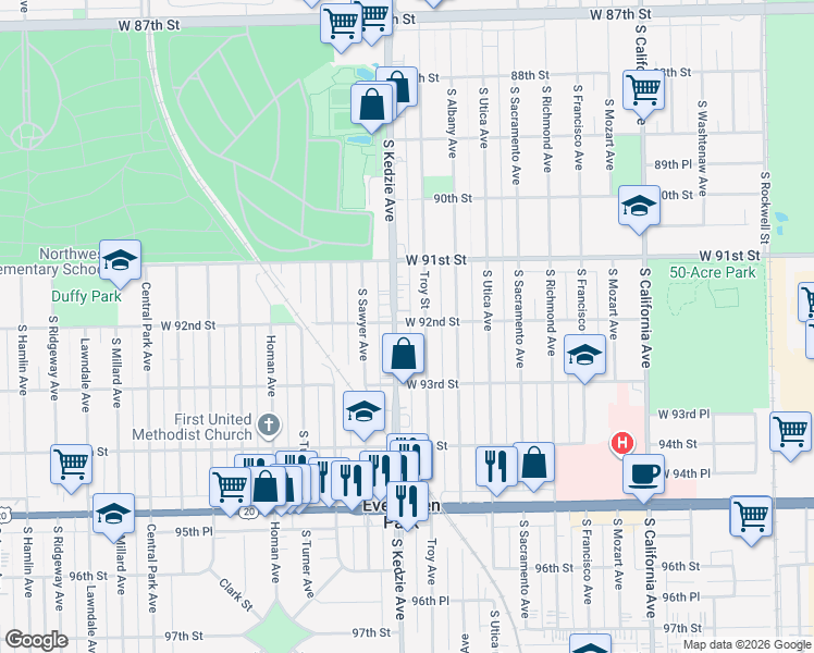 map of restaurants, bars, coffee shops, grocery stores, and more near 9222 South Kedzie Avenue in Evergreen Park