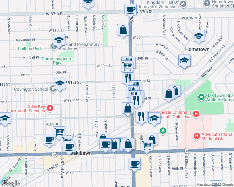 map of restaurants, bars, coffee shops, grocery stores, and more near 4828 92nd Street in Oak Lawn