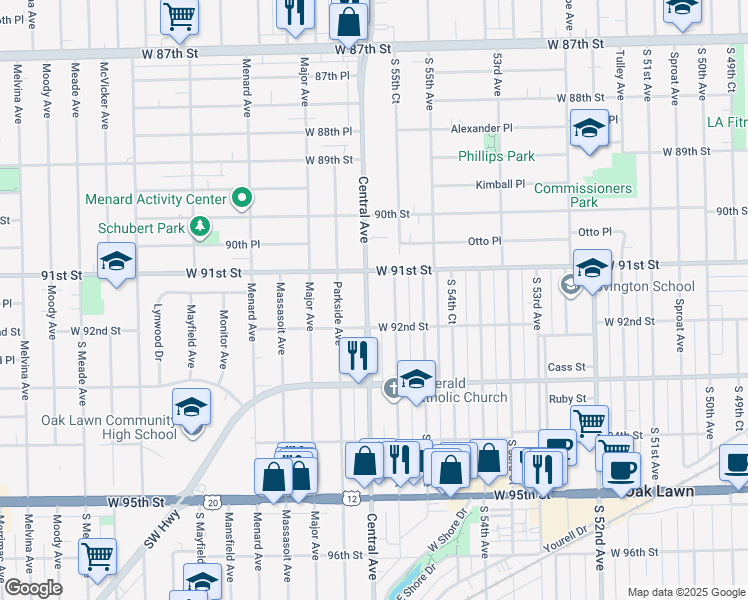 map of restaurants, bars, coffee shops, grocery stores, and more near 9146 Central Avenue in Oak Lawn