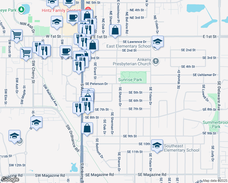 map of restaurants, bars, coffee shops, grocery stores, and more near 510 Southeast Sharon Drive in Ankeny