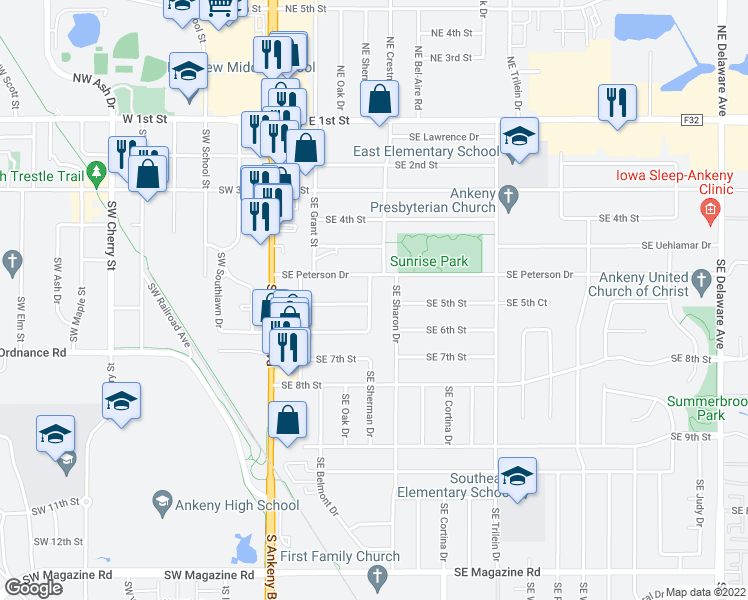 map of restaurants, bars, coffee shops, grocery stores, and more near 510 Southeast Sharon Drive in Ankeny
