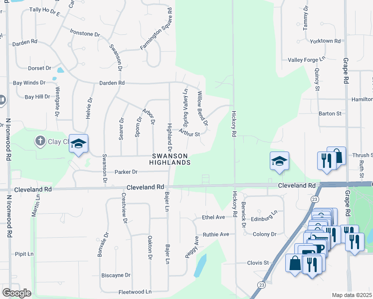 map of restaurants, bars, coffee shops, grocery stores, and more near 52899 Spring Mill Court in Granger