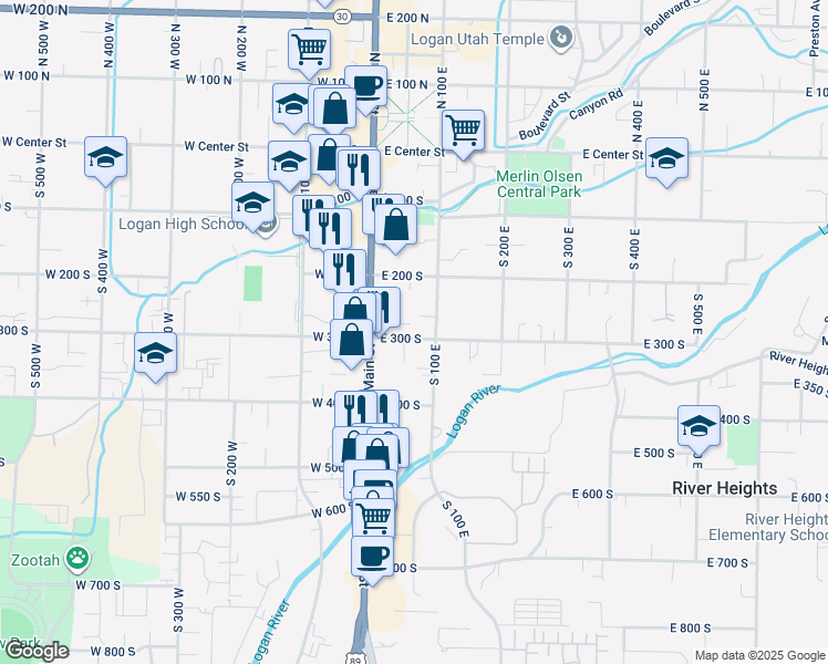 map of restaurants, bars, coffee shops, grocery stores, and more near 61 East 300 South in Logan