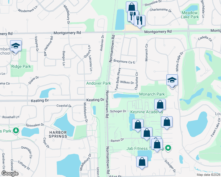 map of restaurants, bars, coffee shops, grocery stores, and more near 1684 Normantown Road in Naperville