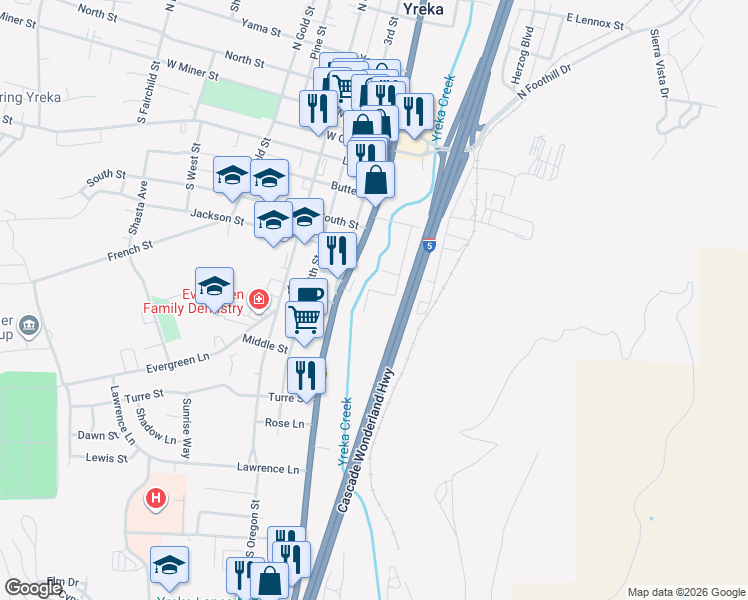 map of restaurants, bars, coffee shops, grocery stores, and more near 119 Juvenile Lane in Yreka