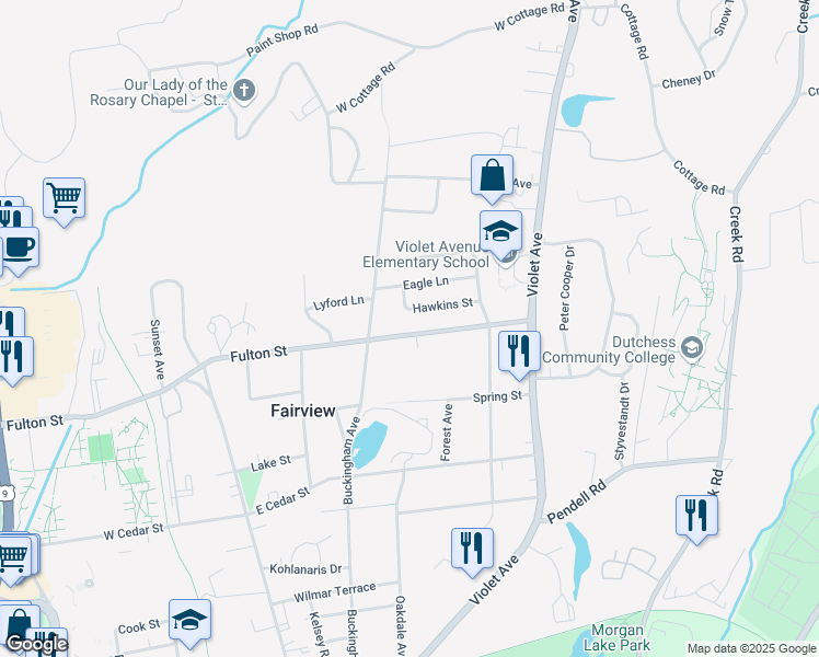 map of restaurants, bars, coffee shops, grocery stores, and more near 171 Fulton Street in Poughkeepsie