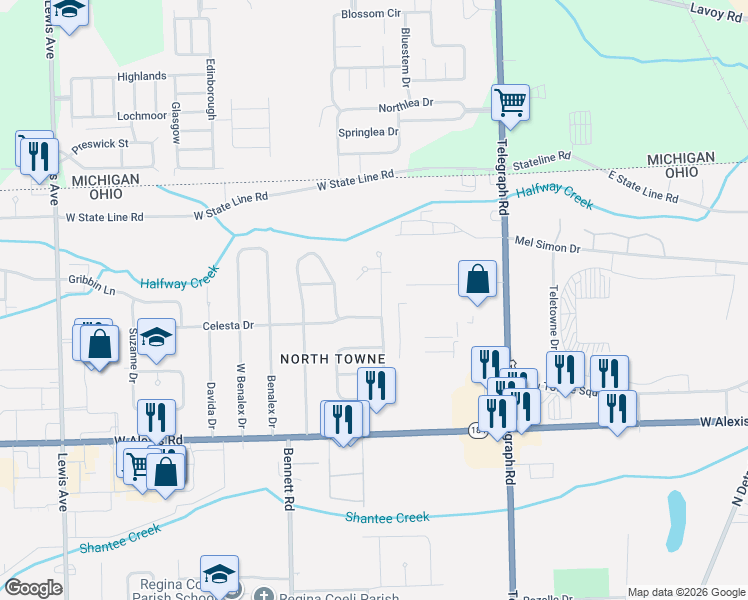map of restaurants, bars, coffee shops, grocery stores, and more near 245 Celesta Drive in Toledo