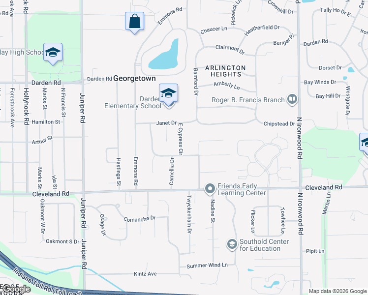 map of restaurants, bars, coffee shops, grocery stores, and more near 18552 South Cypress Circle in South Bend