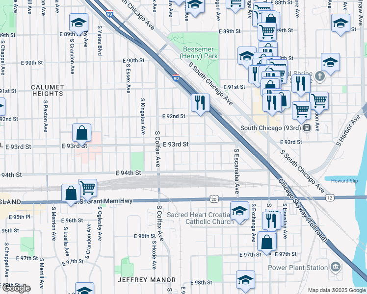map of restaurants, bars, coffee shops, grocery stores, and more near 2657 East 93rd Street in Chicago