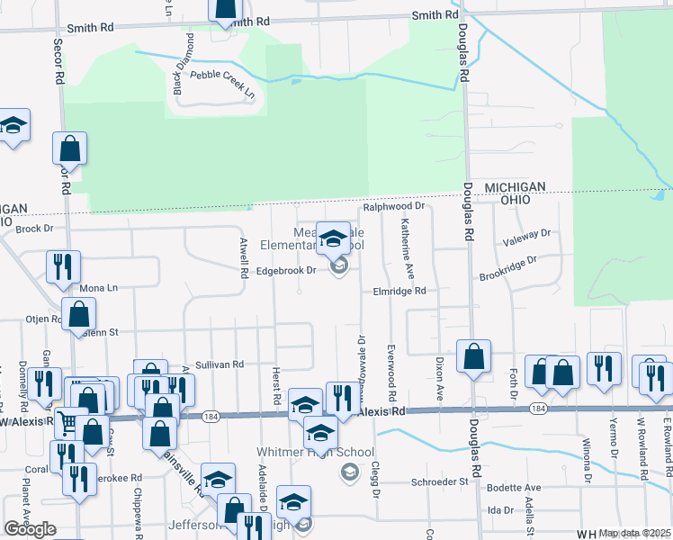 map of restaurants, bars, coffee shops, grocery stores, and more near 2755 Edgebrook Drive in Toledo