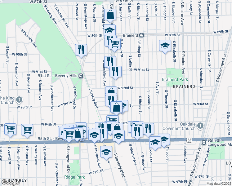 map of restaurants, bars, coffee shops, grocery stores, and more near 9220 South Ashland Avenue in Chicago