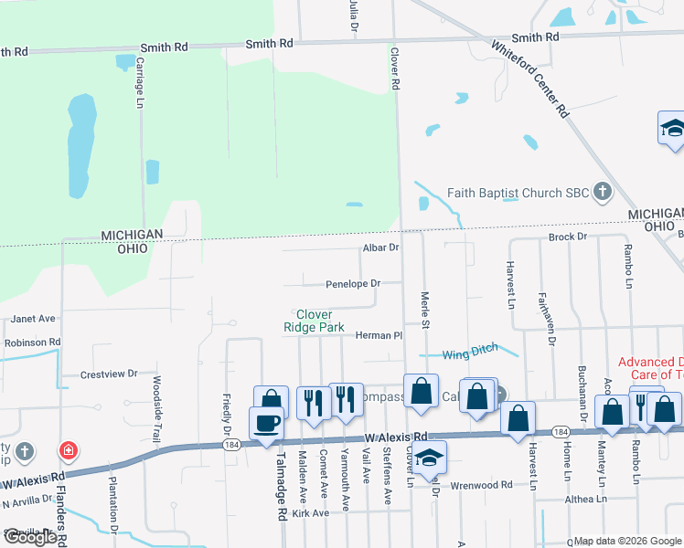 map of restaurants, bars, coffee shops, grocery stores, and more near 4125 Penelope Drive in Toledo