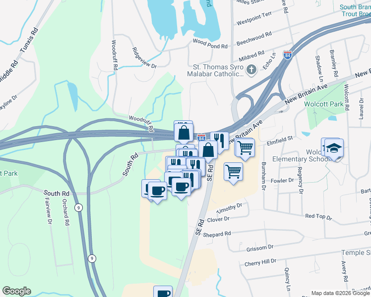 map of restaurants, bars, coffee shops, grocery stores, and more near 332 South Road in Farmington