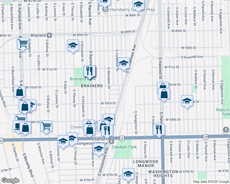 map of restaurants, bars, coffee shops, grocery stores, and more near 1040 West 92nd Place in Chicago