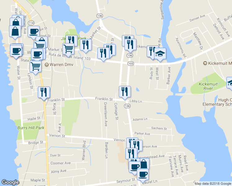 map of restaurants, bars, coffee shops, grocery stores, and more near 104 Drysdale Street in Warren