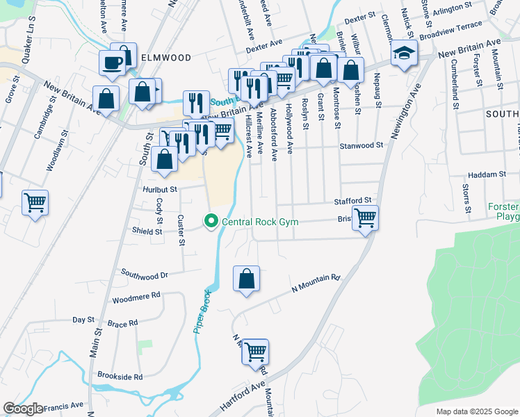 map of restaurants, bars, coffee shops, grocery stores, and more near 124 Hillcrest Avenue in West Hartford