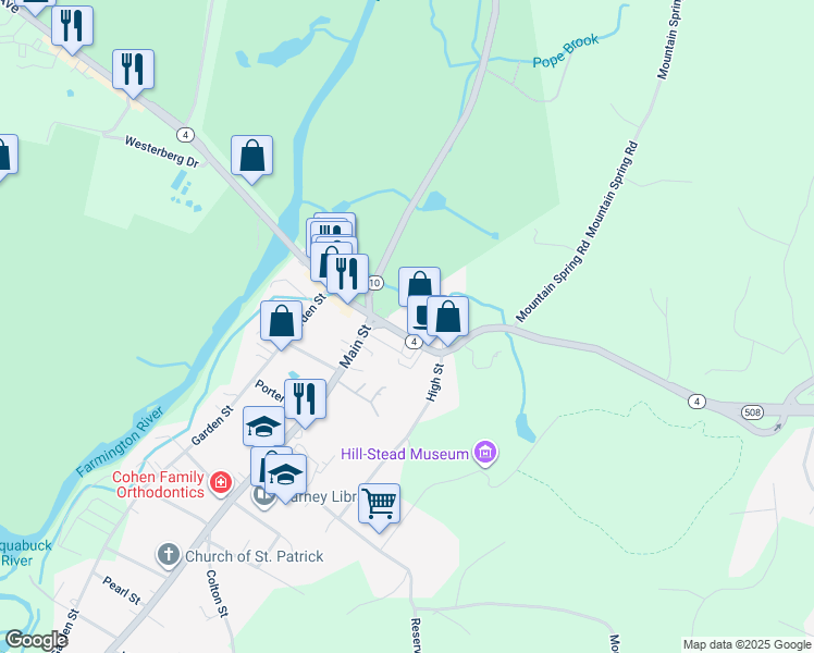 map of restaurants, bars, coffee shops, grocery stores, and more near 781 Farmington Avenue in Farmington