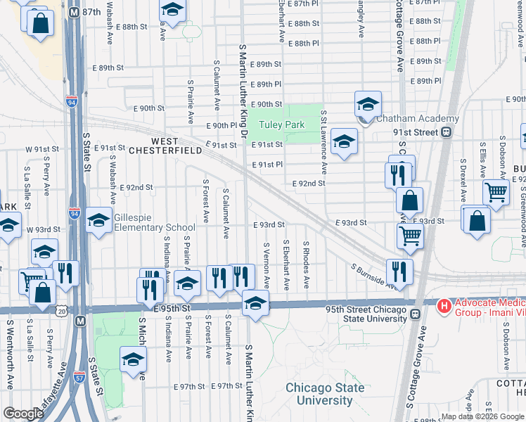 map of restaurants, bars, coffee shops, grocery stores, and more near 414 East 93rd Street in Chicago