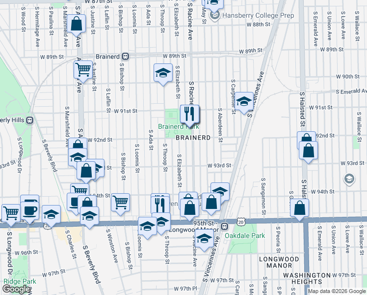 map of restaurants, bars, coffee shops, grocery stores, and more near 9243 South Elizabeth Street in Chicago