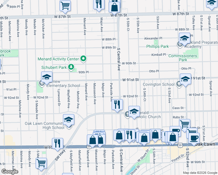 map of restaurants, bars, coffee shops, grocery stores, and more near 9140 Parkside Avenue in Oak Lawn