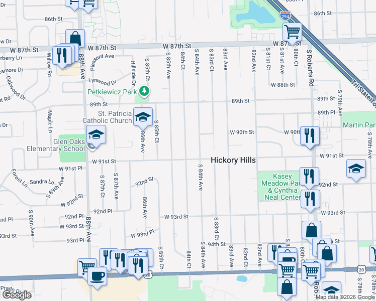 map of restaurants, bars, coffee shops, grocery stores, and more near in Hickory Hills