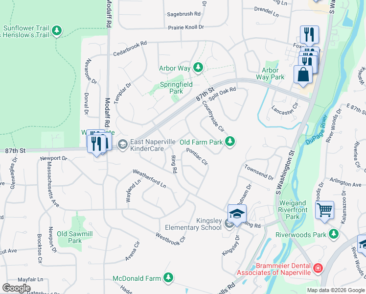 map of restaurants, bars, coffee shops, grocery stores, and more near 2244 Pontiac Circle in Naperville