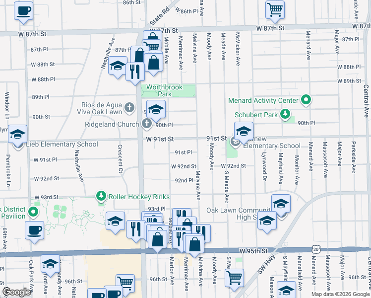 map of restaurants, bars, coffee shops, grocery stores, and more near 6218 91st Place in Oak Lawn