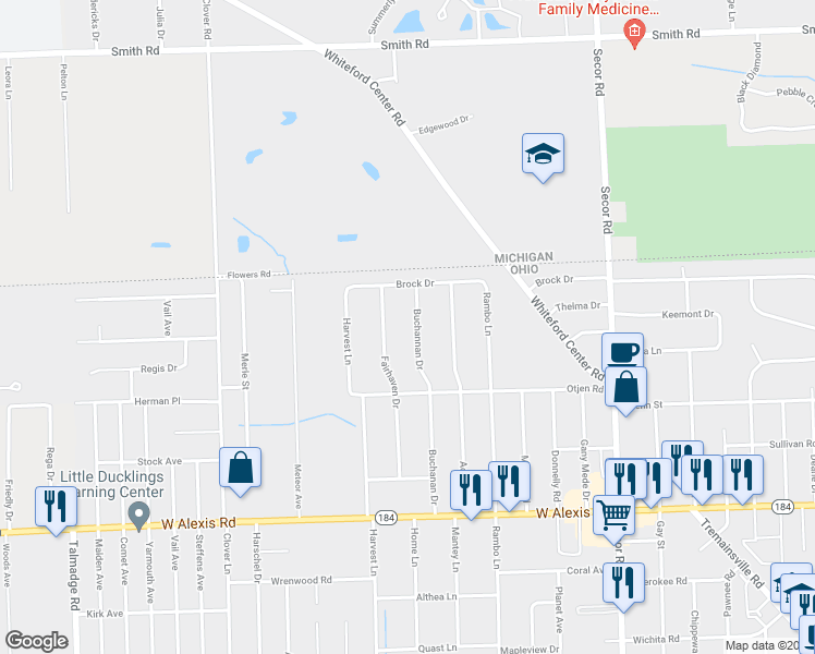 map of restaurants, bars, coffee shops, grocery stores, and more near 6103 Buchanan Drive in Toledo