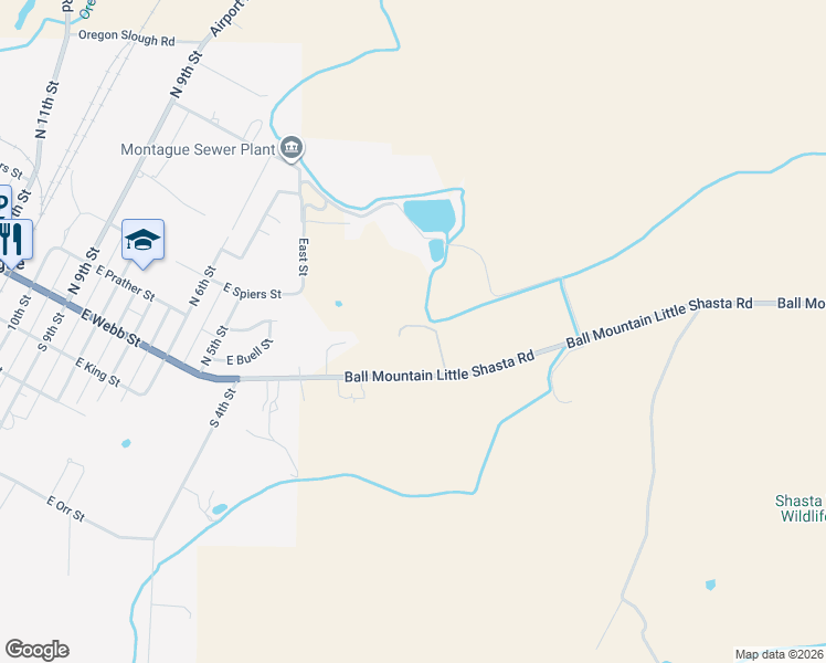 map of restaurants, bars, coffee shops, grocery stores, and more near 1201 Ball Mountain Little Shasta Road in Montague