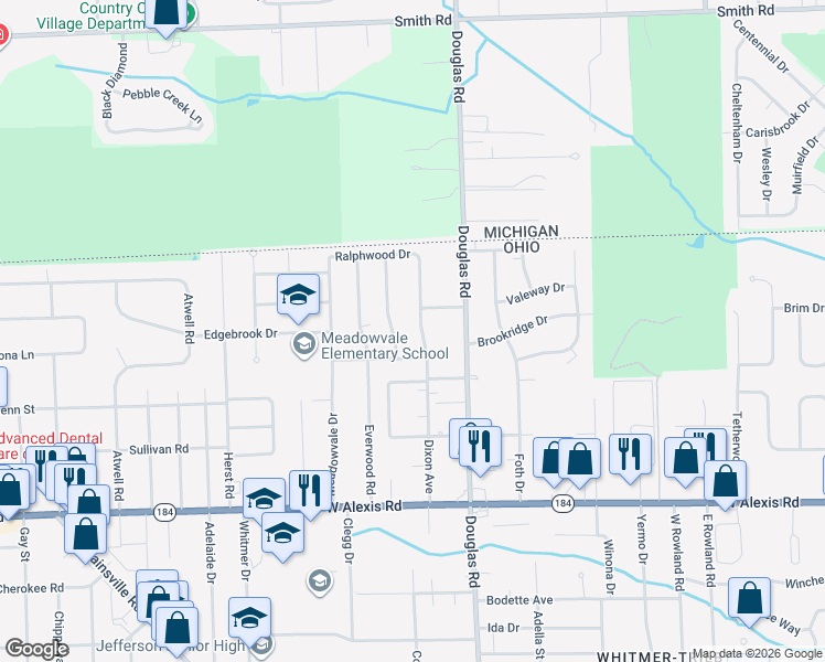 map of restaurants, bars, coffee shops, grocery stores, and more near 6031 Dixon Avenue in Toledo