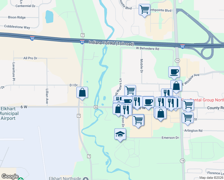 map of restaurants, bars, coffee shops, grocery stores, and more near 26887 County Road 6 in Elkhart