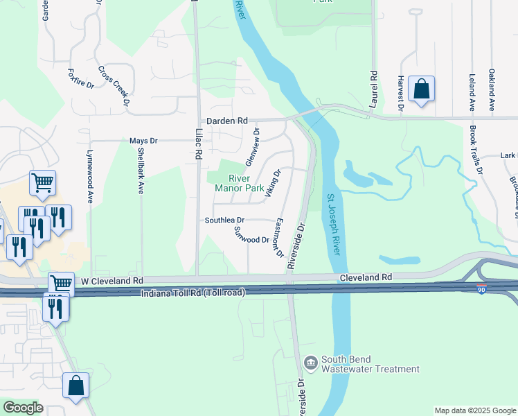 map of restaurants, bars, coffee shops, grocery stores, and more near 1325 Sunwood Drive in South Bend