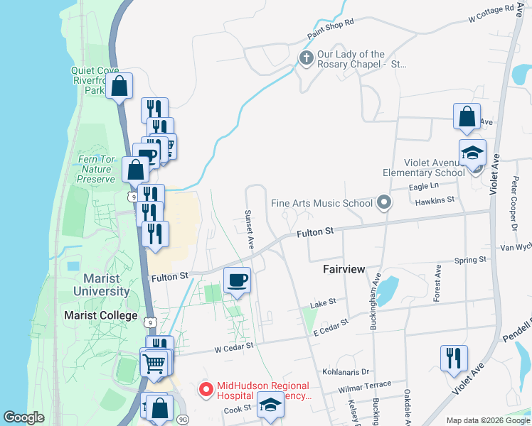 map of restaurants, bars, coffee shops, grocery stores, and more near 143 Fairview Avenue Exd in Poughkeepsie