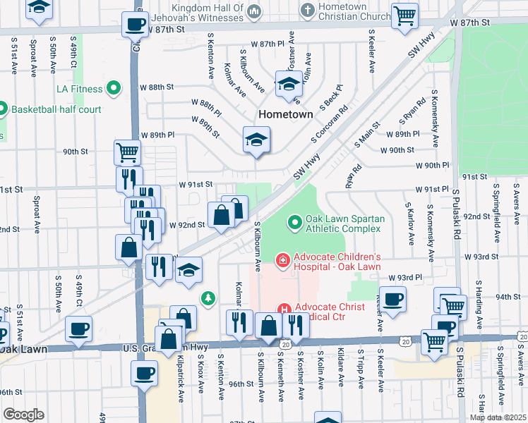 map of restaurants, bars, coffee shops, grocery stores, and more near 9200 South Kilbourn Avenue in Oak Lawn