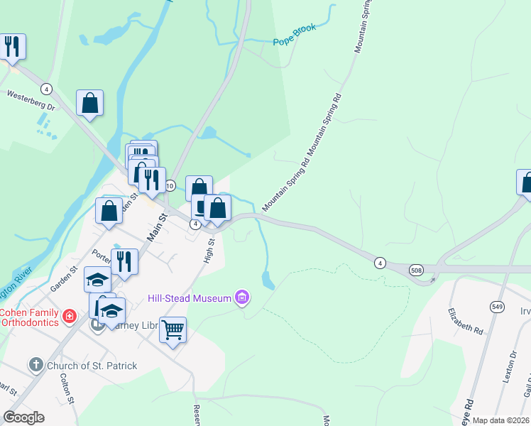 map of restaurants, bars, coffee shops, grocery stores, and more near 7 Mountain Spring Road in Farmington