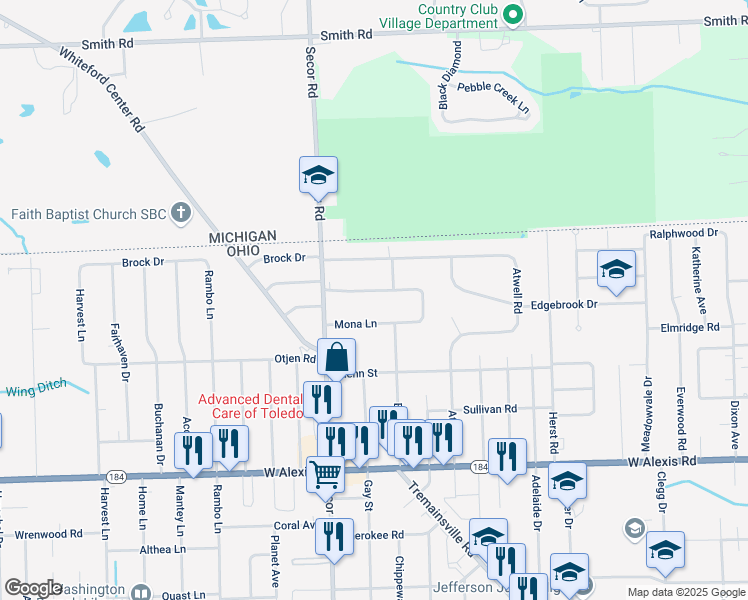 map of restaurants, bars, coffee shops, grocery stores, and more near 3202 Keemont Drive in Toledo