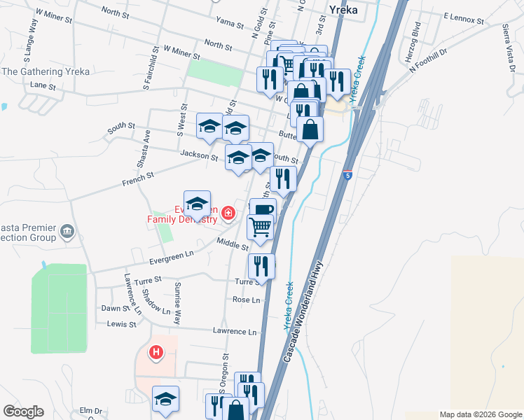 map of restaurants, bars, coffee shops, grocery stores, and more near 207 Yreka Street in Yreka