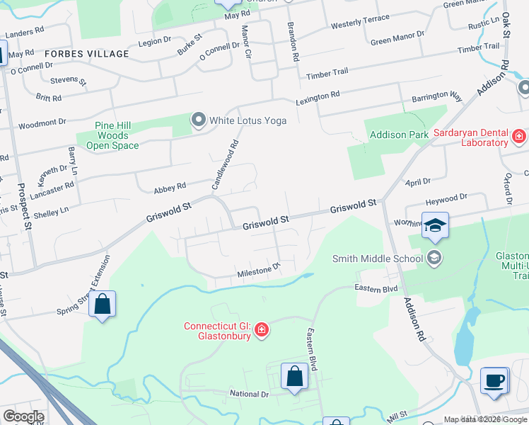 map of restaurants, bars, coffee shops, grocery stores, and more near 35 12 Acre Lane in Glastonbury