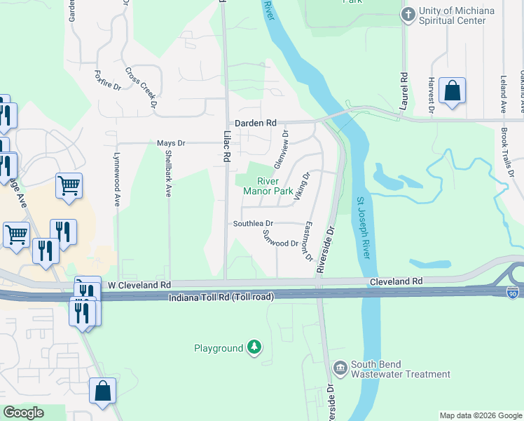 map of restaurants, bars, coffee shops, grocery stores, and more near 3714 Glenview Drive in South Bend