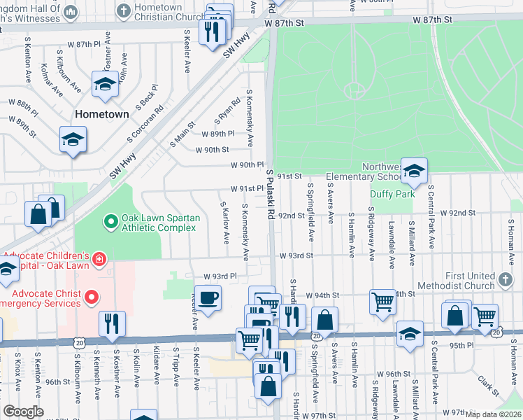 map of restaurants, bars, coffee shops, grocery stores, and more near 9202 South Pulaski Road in Oak Lawn