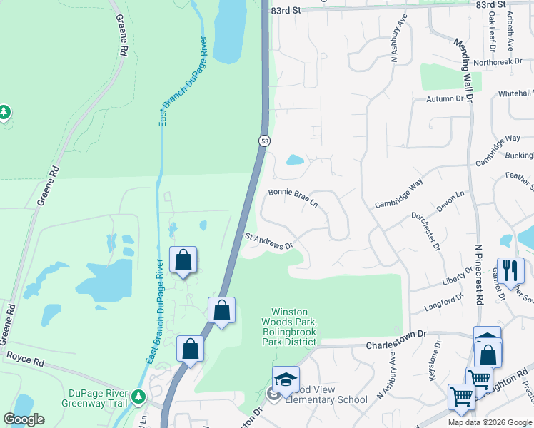 map of restaurants, bars, coffee shops, grocery stores, and more near 836 Bonnie Brae Lane in Bolingbrook