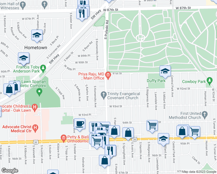 map of restaurants, bars, coffee shops, grocery stores, and more near 9147 South Pulaski Road in Evergreen Park