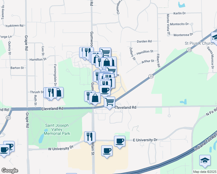 map of restaurants, bars, coffee shops, grocery stores, and more near 7115 Heritage Square Drive in Granger