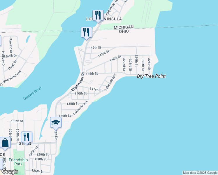 map of restaurants, bars, coffee shops, grocery stores, and more near 5932 Lakeside Avenue in Toledo