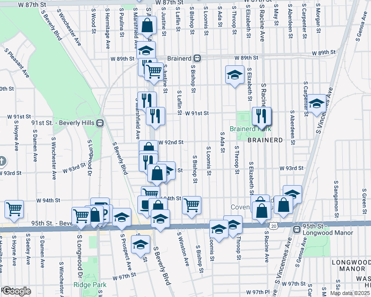 map of restaurants, bars, coffee shops, grocery stores, and more near 9153 South Laflin Street in Chicago
