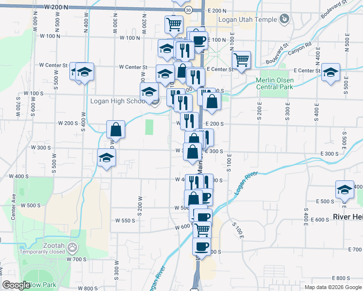 map of restaurants, bars, coffee shops, grocery stores, and more near 242 South 100 West in Logan