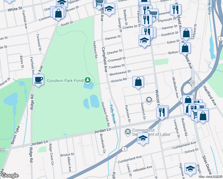 map of restaurants, bars, coffee shops, grocery stores, and more near 263 Victoria Road in Hartford